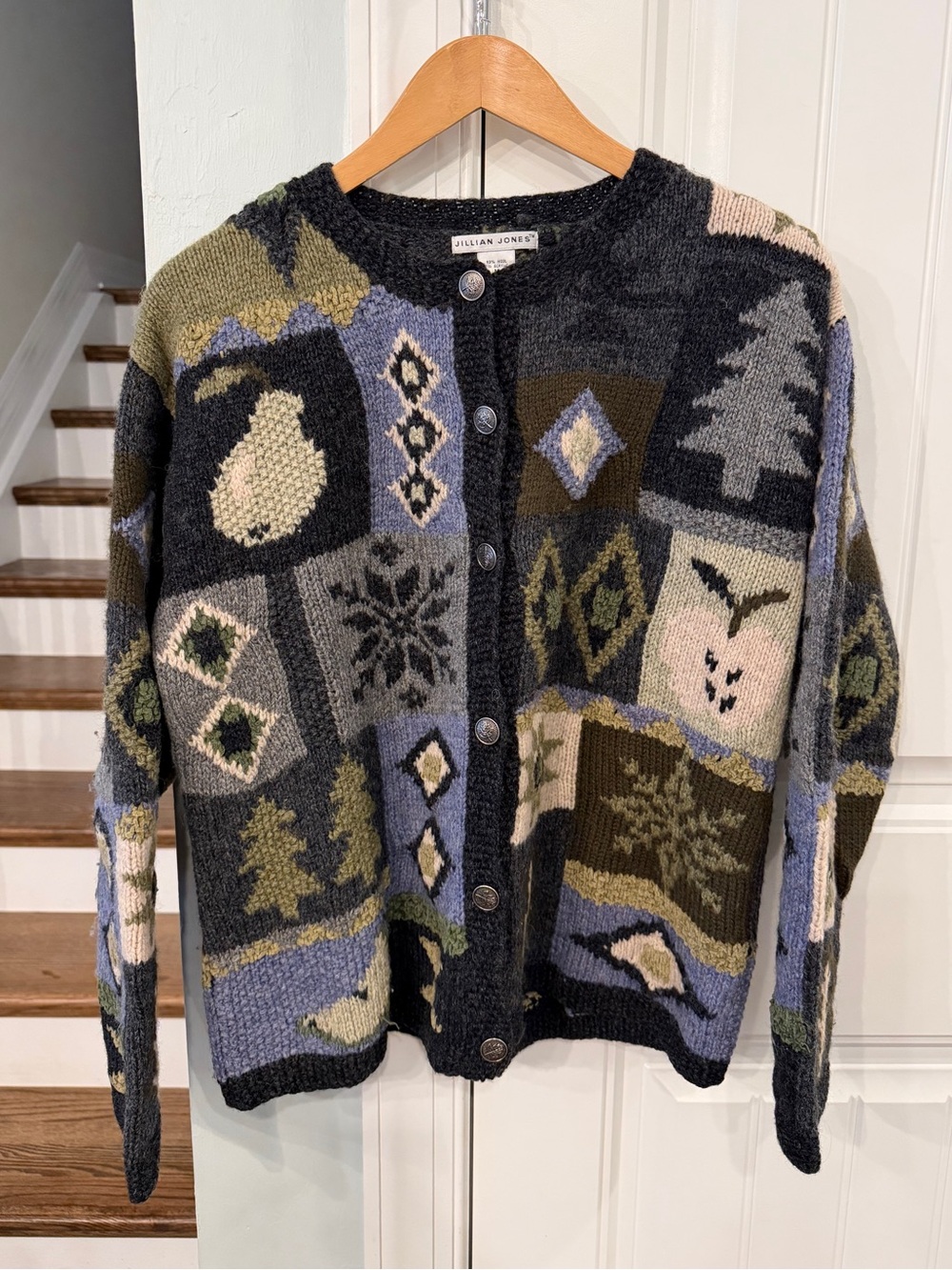 Vintage Jillian Jones Wool Patchwork Cardigan Sweater M 90s Cottagecore Artsy